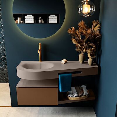 MONDIAZ RIVA 120cm badmeubel onderkast / planchet kleur Rust met 1 lade. Wastafel DULCET links 1 kraangat kleur Smoke.