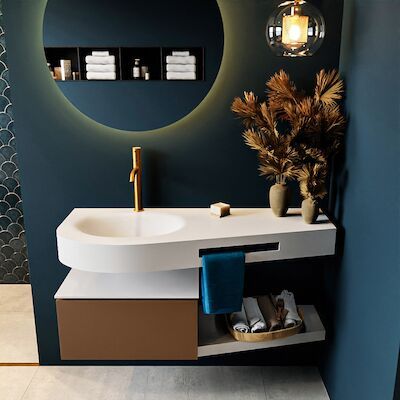 MONDIAZ RIVA 120cm badmeubel onderkast / planchet kleur Rust met 1 lade. Wastafel DULCET links 1 kraangat kleur Talc.