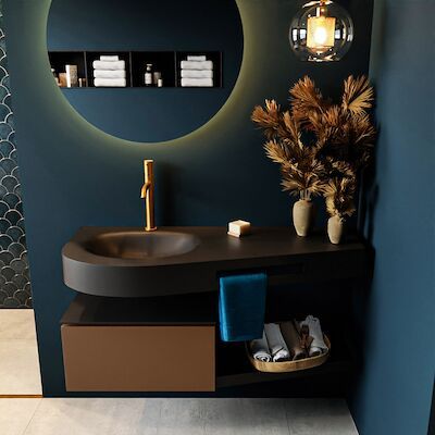 MONDIAZ RIVA 120cm badmeubel onderkast / planchet kleur Rust met 1 lade. Wastafel DULCET links 1 kraangat kleur Urban.