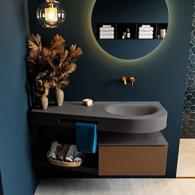 MONDIAZ RIVA 120cm badmeubel onderkast / planchet kleur Rust met 1 lade. Wastafel DULCET rechts 0 kraangaten kleur Dark_Grey.