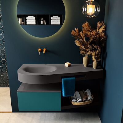 MONDIAZ RIVA 120cm badmeubel onderkast / planchet kleur Smag met 1 lade. Wastafel DULCET links 0 kraangaten kleur Dark_Grey.