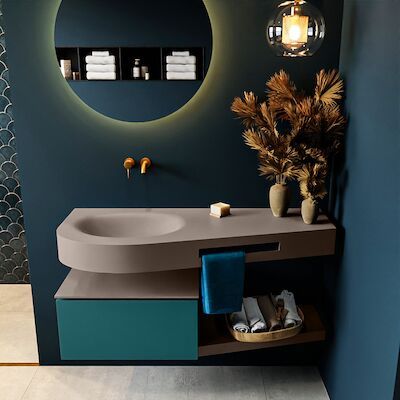 MONDIAZ RIVA 120cm badmeubel onderkast / planchet kleur Smag met 1 lade. Wastafel DULCET links 0 kraangaten kleur Smoke.