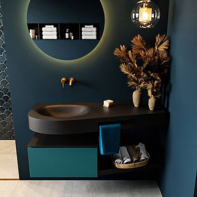 MONDIAZ RIVA 120cm badmeubel onderkast / planchet kleur Smag met 1 lade. Wastafel DULCET links 0 kraangaten kleur Urban.