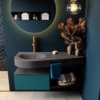 MONDIAZ RIVA 120cm badmeubel onderkast / planchet kleur Smag met 1 lade. Wastafel DULCET links 1 kraangat kleur Dark_Grey.