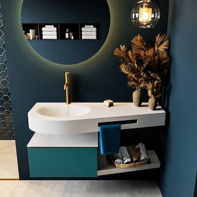 MONDIAZ RIVA 120cm badmeubel onderkast / planchet kleur Smag met 1 lade. Wastafel DULCET links 1 kraangat kleur Talc.