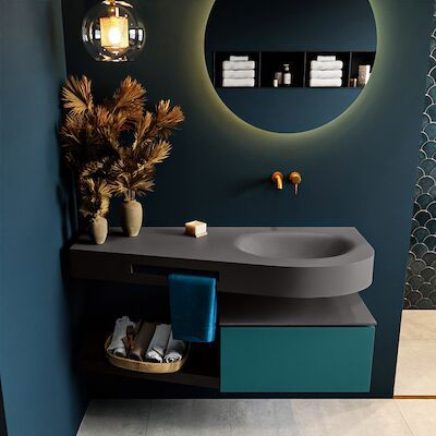 MONDIAZ RIVA 120cm badmeubel onderkast / planchet kleur Smag met 1 lade. Wastafel DULCET rechts 0 kraangaten kleur Dark_Grey.
