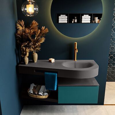 MONDIAZ RIVA 120cm badmeubel onderkast / planchet kleur Smag met 1 lade. Wastafel DULCET rechts 1 kraangat kleur Dark_Grey.
