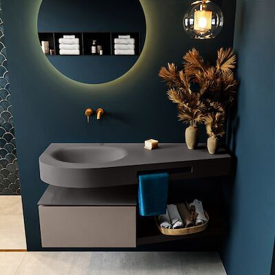 MONDIAZ RIVA 120cm badmeubel onderkast / planchet kleur Smoke met 1 lade. Wastafel DULCET links 0 kraangaten kleur Dark_Grey.
