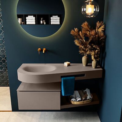 MONDIAZ RIVA 120cm badmeubel onderkast / planchet kleur Smoke met 1 lade. Wastafel DULCET links 0 kraangaten kleur Smoke.
