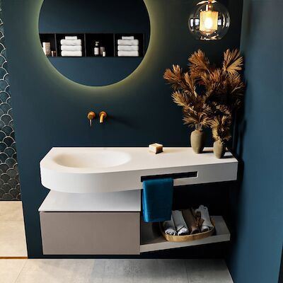 MONDIAZ RIVA 120cm badmeubel onderkast / planchet kleur Smoke met 1 lade. Wastafel DULCET links 0 kraangaten kleur Talc.