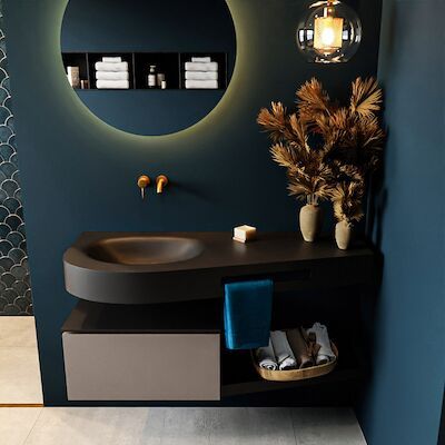 MONDIAZ RIVA 120cm badmeubel onderkast / planchet kleur Smoke met 1 lade. Wastafel DULCET links 0 kraangaten kleur Urban.