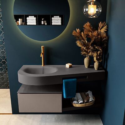 MONDIAZ RIVA 120cm badmeubel onderkast / planchet kleur Smoke met 1 lade. Wastafel DULCET links 1 kraangat kleur Dark_Grey.