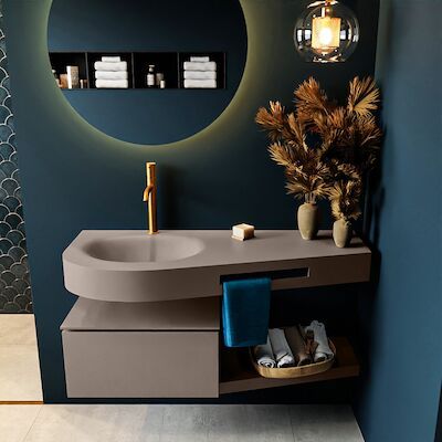 MONDIAZ RIVA 120cm badmeubel onderkast / planchet kleur Smoke met 1 lade. Wastafel DULCET links 1 kraangat kleur Smoke.