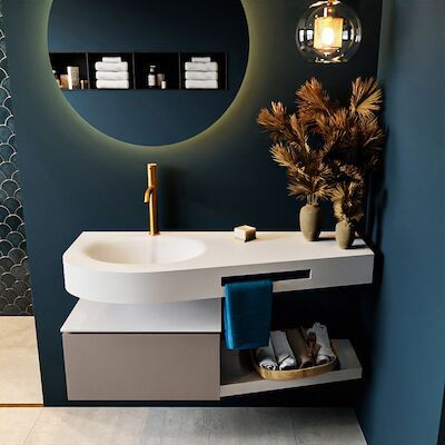 MONDIAZ RIVA 120cm badmeubel onderkast / planchet kleur Smoke met 1 lade. Wastafel DULCET links 1 kraangat kleur Talc.