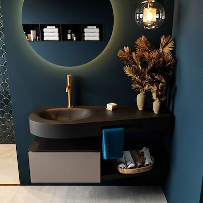 MONDIAZ RIVA 120cm badmeubel onderkast / planchet kleur Smoke met 1 lade. Wastafel DULCET links 1 kraangat kleur Urban.