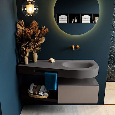 MONDIAZ RIVA 120cm badmeubel onderkast / planchet kleur Smoke met 1 lade. Wastafel DULCET rechts 0 kraangaten kleur Dark_Grey.