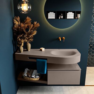 MONDIAZ RIVA 120cm badmeubel onderkast / planchet kleur Smoke met 1 lade. Wastafel DULCET rechts 0 kraangaten kleur Smoke.
