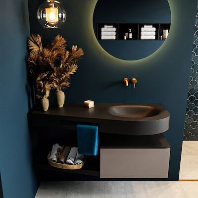 MONDIAZ RIVA 120cm badmeubel onderkast / planchet kleur Smoke met 1 lade. Wastafel DULCET rechts 0 kraangaten kleur Urban.