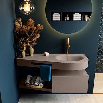 MONDIAZ RIVA 120cm badmeubel onderkast / planchet kleur Smoke met 1 lade. Wastafel DULCET rechts 1 kraangat kleur Smoke.