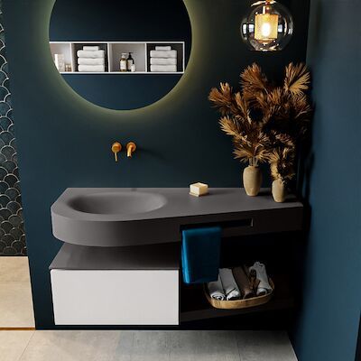 MONDIAZ RIVA 120cm badmeubel onderkast / planchet kleur Talc met 1 lade. Wastafel DULCET links 0 kraangaten kleur Dark_Grey.