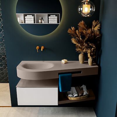 MONDIAZ RIVA 120cm badmeubel onderkast / planchet kleur Talc met 1 lade. Wastafel DULCET links 0 kraangaten kleur Smoke.