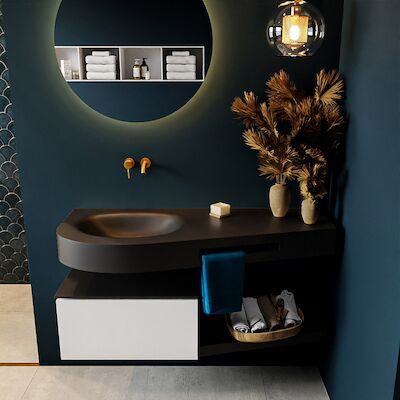MONDIAZ RIVA 120cm badmeubel onderkast / planchet kleur Talc met 1 lade. Wastafel DULCET links 0 kraangaten kleur Urban.