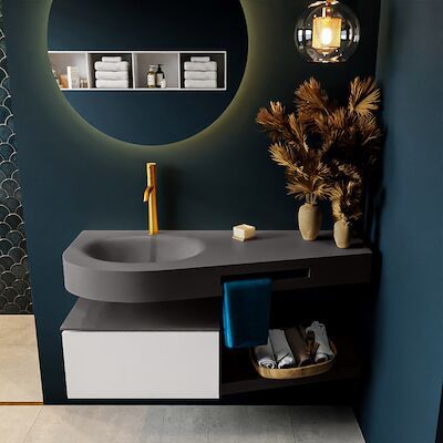 MONDIAZ RIVA 120cm badmeubel onderkast / planchet kleur Talc met 1 lade. Wastafel DULCET links 1 kraangat kleur Dark_Grey.