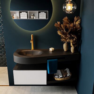 MONDIAZ RIVA 120cm badmeubel onderkast / planchet kleur Talc met 1 lade. Wastafel DULCET links 1 kraangat kleur Urban.