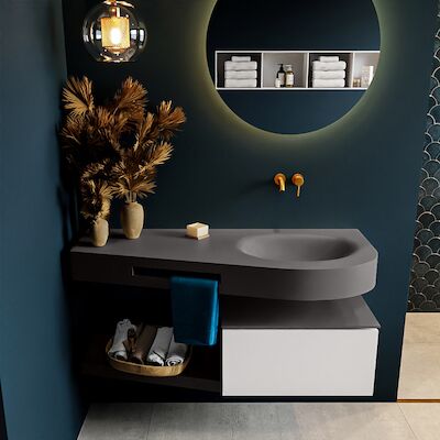 MONDIAZ RIVA 120cm badmeubel onderkast / planchet kleur Talc met 1 lade. Wastafel DULCET rechts 0 kraangaten kleur Dark_Grey.