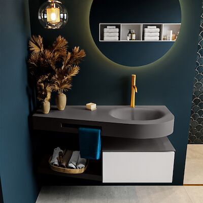 MONDIAZ RIVA 120cm badmeubel onderkast / planchet kleur Talc met 1 lade. Wastafel DULCET rechts 1 kraangat kleur Dark_Grey.