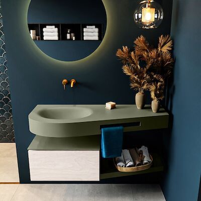 MONDIAZ RIVA 120cm badmeubel onderkast / planchet kleur Underlayment met 1 lade. Wastafel DULCET links 0 kraangaten kleur Army.