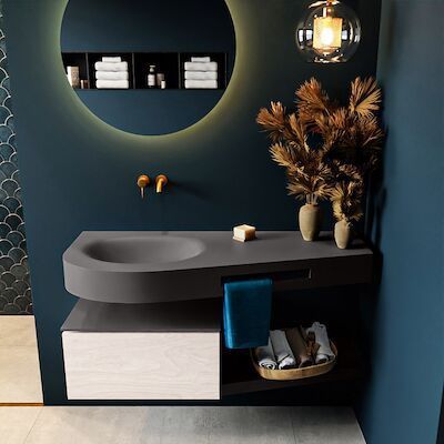 MONDIAZ RIVA 120cm badmeubel onderkast / planchet kleur Underlayment met 1 lade. Wastafel DULCET links 0 kraangaten kleur Dark_Grey.