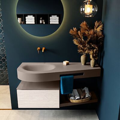 MONDIAZ RIVA 120cm badmeubel onderkast / planchet kleur Underlayment met 1 lade. Wastafel DULCET links 0 kraangaten kleur Smoke.