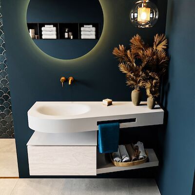 MONDIAZ RIVA 120cm badmeubel onderkast / planchet kleur Underlayment met 1 lade. Wastafel DULCET links 0 kraangaten kleur Talc.