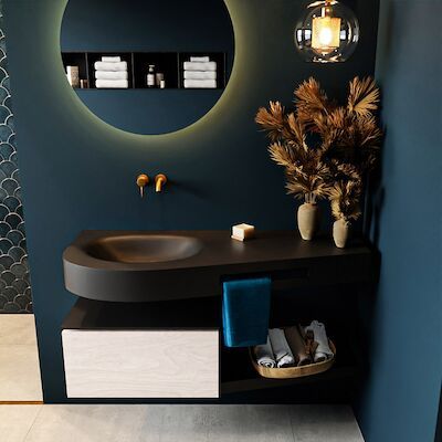 MONDIAZ RIVA 120cm badmeubel onderkast / planchet kleur Underlayment met 1 lade. Wastafel DULCET links 0 kraangaten kleur Urban.
