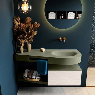 MONDIAZ RIVA 120cm badmeubel onderkast / planchet kleur Underlayment met 1 lade. Wastafel DULCET rechts 0 kraangaten kleur Army.