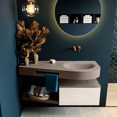 MONDIAZ RIVA 120cm badmeubel onderkast / planchet kleur Underlayment met 1 lade. Wastafel DULCET rechts 0 kraangaten kleur Smoke.