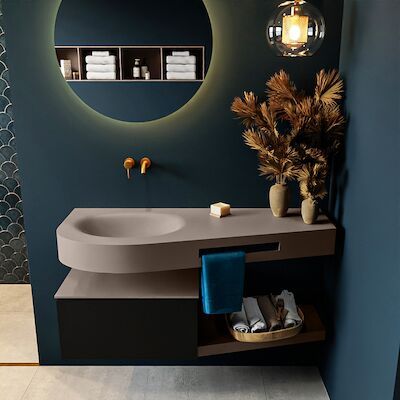 MONDIAZ RIVA 120cm badmeubel onderkast / planchet kleur Urban met 1 lade. Wastafel DULCET links 0 kraangaten kleur Smoke.