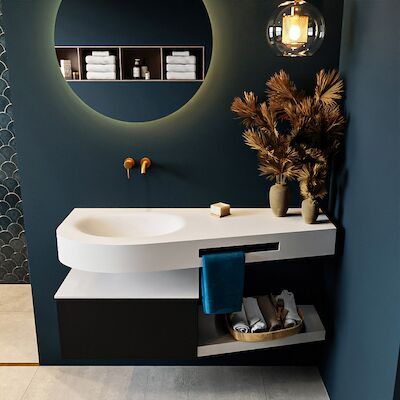 MONDIAZ RIVA 120cm badmeubel onderkast / planchet kleur Urban met 1 lade. Wastafel DULCET links 0 kraangaten kleur Talc.