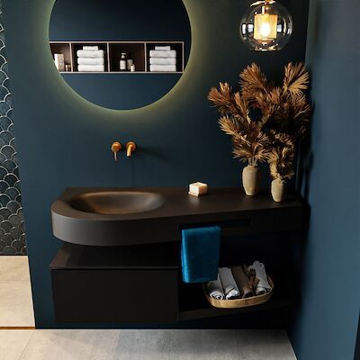 MONDIAZ RIVA 120cm badmeubel onderkast / planchet kleur Urban met 1 lade. Wastafel DULCET links 0 kraangaten kleur Urban.