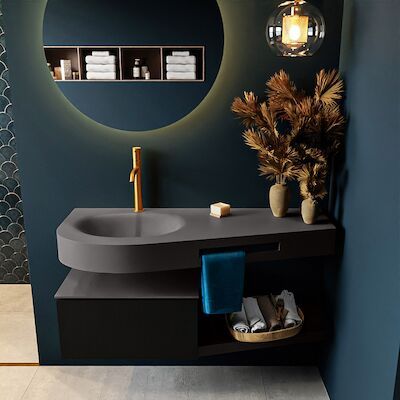 MONDIAZ RIVA 120cm badmeubel onderkast / planchet kleur Urban met 1 lade. Wastafel DULCET links 1 kraangat kleur Dark_Grey.