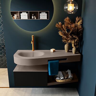 MONDIAZ RIVA 120cm badmeubel onderkast / planchet kleur Urban met 1 lade. Wastafel DULCET links 1 kraangat kleur Smoke.