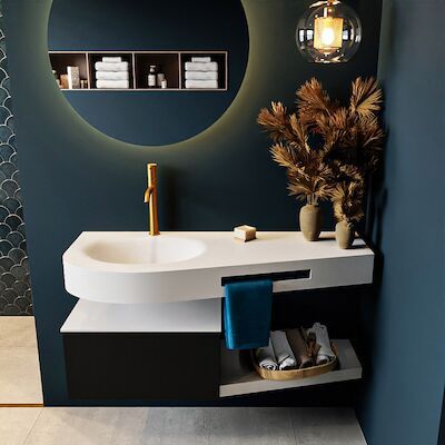 MONDIAZ RIVA 120cm badmeubel onderkast / planchet kleur Urban met 1 lade. Wastafel DULCET links 1 kraangat kleur Talc.