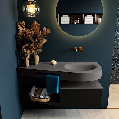 MONDIAZ RIVA 120cm badmeubel onderkast / planchet kleur Urban met 1 lade. Wastafel DULCET rechts 0 kraangaten kleur Dark_Grey.