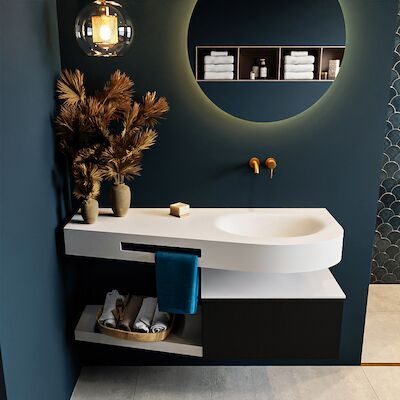 MONDIAZ RIVA 120cm badmeubel onderkast / planchet kleur Urban met 1 lade. Wastafel DULCET rechts 0 kraangaten kleur Talc.