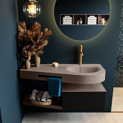 MONDIAZ RIVA 120cm badmeubel onderkast / planchet kleur Urban met 1 lade. Wastafel DULCET rechts 1 kraangat kleur Smoke.
