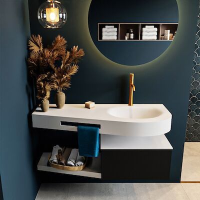 MONDIAZ RIVA 120cm badmeubel onderkast / planchet kleur Urban met 1 lade. Wastafel DULCET rechts 1 kraangat kleur Talc.