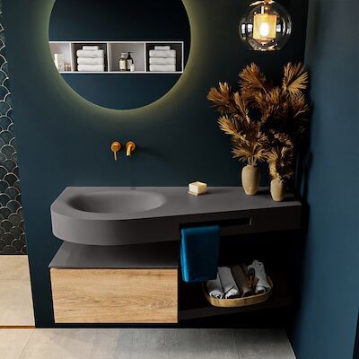 MONDIAZ RIVA 120cm badmeubel onderkast / planchet kleur Washed_Oak met 1 lade. Wastafel DULCET links 0 kraangaten kleur Dark_Grey.