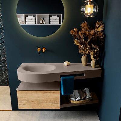 MONDIAZ RIVA 120cm badmeubel onderkast / planchet kleur Washed_Oak met 1 lade. Wastafel DULCET links 0 kraangaten kleur Smoke.