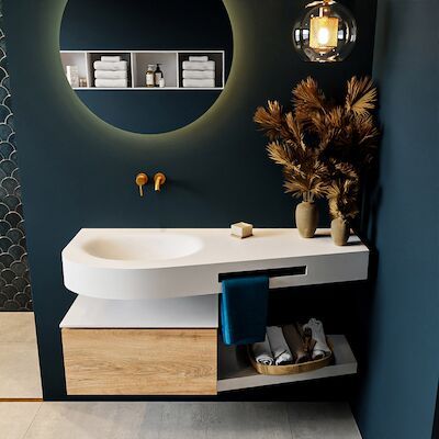 MONDIAZ RIVA 120cm badmeubel onderkast / planchet kleur Washed_Oak met 1 lade. Wastafel DULCET links 0 kraangaten kleur Talc.